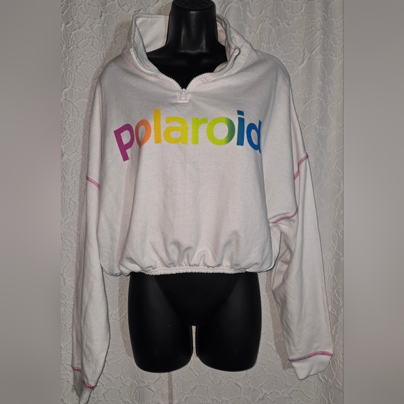 Polaroid White Cropped Pullover Drawstring Long Sleeve Sweatshirt  Large - Picture 1 of 5